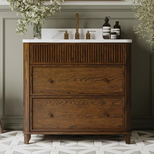 Mueble de Baño de Madera Maciza de Roble Enchapado Personalizado para Hotel, Diseño Acanalado a Rayas, Encimera de Cuarzo, Ecológico, Lavabo Individual Moderno - Product Image 1