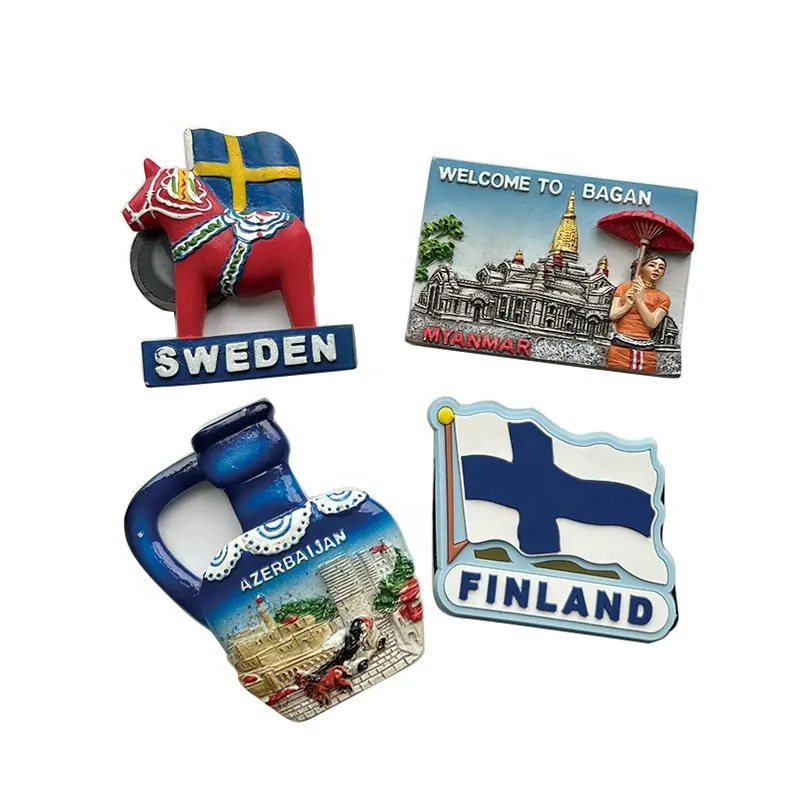 Sıcak satış yüksek kalite kişiselleştirilmiş 3D buzdolabı mıknatısı ülkeler İsveç finlandiya hatıra reçine özel buzdolabı mıknatısı