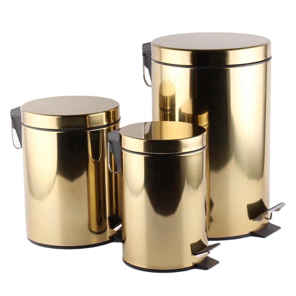 Gold Color Round Shape Metal 3L 5L 7L 12L 20L 30L Aço Inoxidável Waste Bin Com Tampas Trash Can Para Cozinha Banheiro