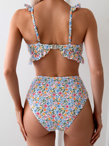 Conjunto de bikini de cintura alta con volantes florales azul claro para mujer, traje de baño triangular con tirantes ajustables - Product Image 3