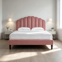Modernes Rosa Samtbezogenes Plattformbett mit Gewelltem Muschelkopfteil Bettgestell Queensize Schlafzimmermöbel