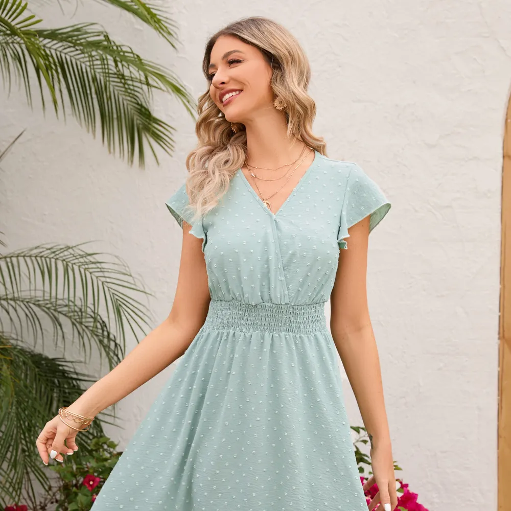 PRETTY STEPS Spring and summer new style waist V-neck dress vacation casual short-sleeved slim dress