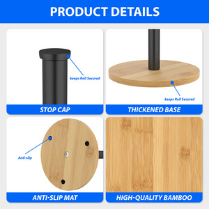 Standing <b>Paper</b> Towel Holder Wooden Base Black Metal Rod Minimalist Design Free Standing For <b>Kitchen</b> Bathroom - Product Image 3