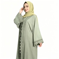 Ensemble Abaya Vert Sauge pour Femme avec Bordure en Dentelle, Vêtement Modeste Ouvert sur le Devant, Tenue Musulmane Islamique Longueur Ras du Sol