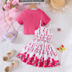Vêtements pour enfants, veste en laine à manches courtes à volants exquise pour filles, robe florale mignonne, ensemble deux pièces élégant et décontracté - Product Image 2