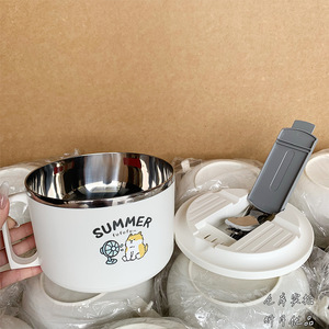 Tazón de fideos instantáneos con diseño de dibujos animados, de gran capacidad y tapa, para estudiantes y trabajadores de oficina. - Product Image 2