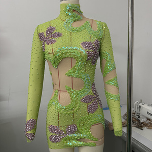 Minivestido ajustado verde lima con lentejuelas y pedrería lila, diseño floral, malla transparente, cuello alto, manga larga, para festival y escenario - Product Image 1