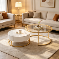 Table basse ronde moderne, ensemble de 2 tables basses gigognes en marbre avec cadre doré et plateau en verre trempé pour salon