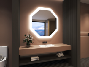 Miroir polygonal suspendu à LED moderne et élégant, éclairé par LED, cadre en métal argenté blanc écologique <span class=keywords><strong>de</strong></span> 5 mm, <span class=keywords><strong>IP44</strong></span> adapté - Product Image 2