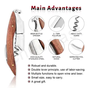 Most Popular Rosewood Handle Red Wine Bottle Cork Screw Stainless Steel Heavy Duty Wine Opener Wooden Wine Corkscrew