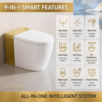 WC intelligent monobloc en céramique moderne avec bidet intégré, chasse d'eau automatique par capteur, siège chauffant inclus, fixation au sol, couleur or, télécommande