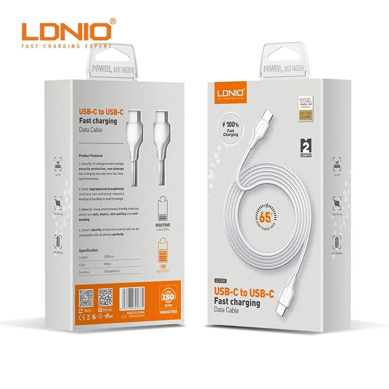 LDNIO LC122-C pour iPhone/Mi câble 65W Max PD et QC câble de données de chargeur Mobile à charge rapide de 2 mètres
