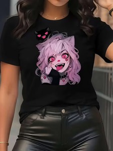 T-<span class=keywords><strong>shirt</strong></span> décontracté à manches courtes et col rond pour <span class=keywords><strong>femme</strong></span>, <span class=keywords><strong>motif</strong></span> <span class=keywords><strong>chat</strong></span> noir mignon style hip-hop, anti-plis et respirant, idéal pour les amoureux des chats - Product Image 4