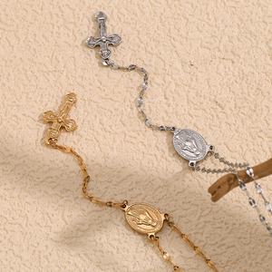 Collier avec pendentif en forme <span class=keywords><strong>de</strong></span> croix gravée <span class=keywords><strong>de</strong></span> la Vierge <span class=keywords><strong>Marie</strong></span>, plaqué or 18 carats, bijoux en acier inoxydable sans ternissement - Product Image 4