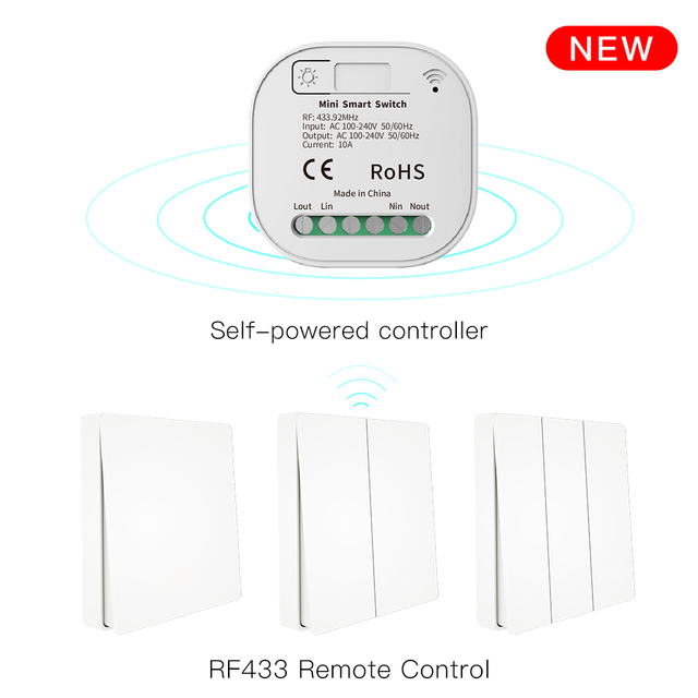 RF433 Wireless Self Powered Remote Control Smart Switch No Battery Needed No Wire Wall Panel Transmitter, Rocker Push Button