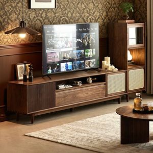 Mueble de TV de madera de nogal negro de 180 cm, estilo vintage, mueble de almacenamiento para sala de estar, soporte de TV de madera maciza para suelo. - Product Image 1