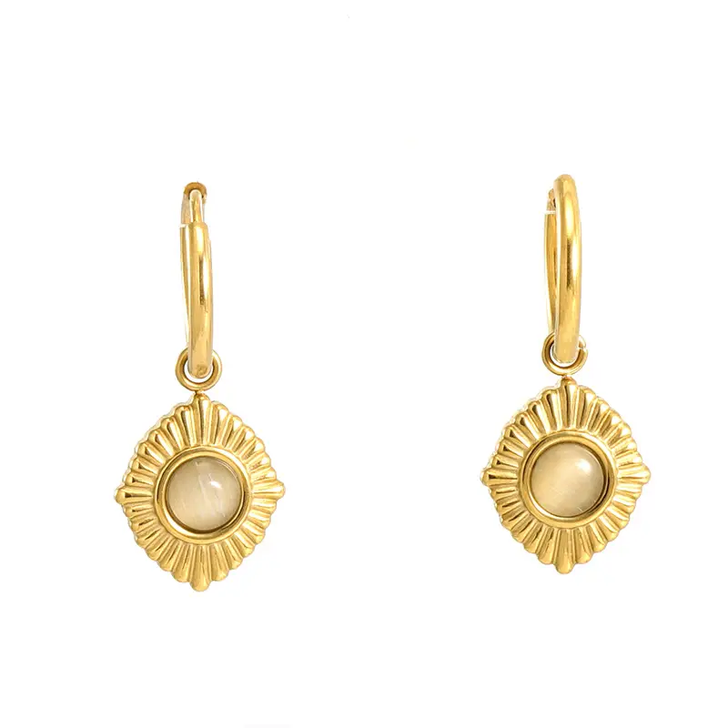 Classic French White Cat Eye Oval Shape Pendant Drop Earrings 18 k Gold Geometric Opal Earrings For Women