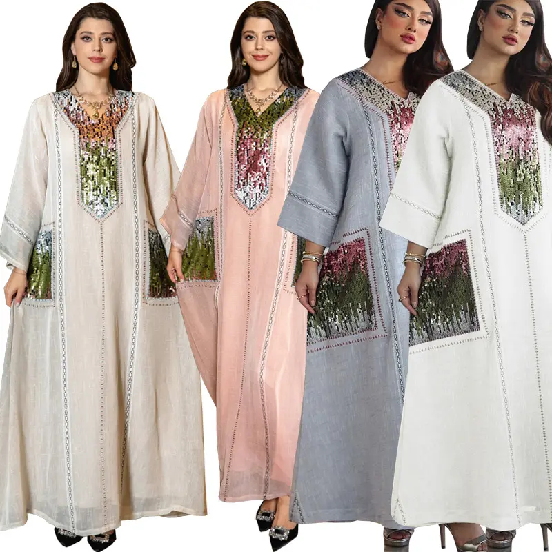 2024イスラム教徒の女性のアバヤVネック長袖ドバイパールスパンコール刺Embroideredローブ