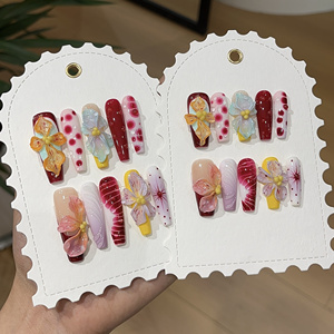 <span class=keywords><strong>Ongles</strong></span> à presser 3D faits main de luxe haut de gamme, longs, forme cercueil, réutilisables, motif floral estival, en acrylique, personnalisables, vente en gros - Product Image 6