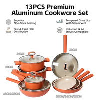 Ensemble de 13 ustensiles de cuisine en aluminium moulé sous pression orange antiadhésifs, poignées résistantes à la chaleur, ensemble de casseroles et de poêles pour cuisinière à induction avec couvercles en verre
