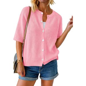 定制女式短袖短款开衫轻质针织纽扣上衣休闲夏季服装 - Product Image 1