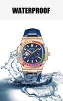 Montre automatique mécanique pour homme, Relogio Masculino, Jam Tangan Pria, lunette en cristal arc-en-ciel, phase de lune, cadeau de luxe, montre en cuir véritable