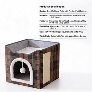 Maisonnette pour chat pliable de luxe en plaid, avec griffoir en sisal, lit douillet en peluche à 2 niveaux, condo pour chat d'intérieur - Product Image 6