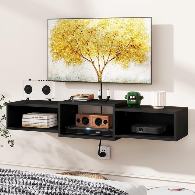 Wall Mounted TV Stand Floating Entertainment Center with Power Outlet,Floating TV Stand Wall Mounted TV Shelf with LED Light