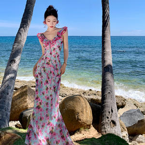 Vestido de Gasa con Volantes Florales, Cuello en V, Corte Regular, Dos Usos, Secado Rápido, Traje de Baño, Verano 2025 - Product Image 2