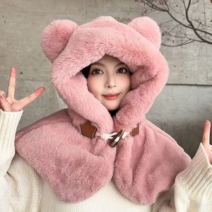 White Plush <b>Bear</b> Hat With Shawl Neck Warmer For Women Winter Warm Hoodie Style Commute Accessory - Product Image 2