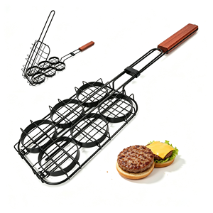 Panier de cuisson multifonctionnel pour hamburgers, antiadhésif, 6 cavités, avec poignée en bois, facile à nettoyer, pour barbecue extérieur - Product Image 1