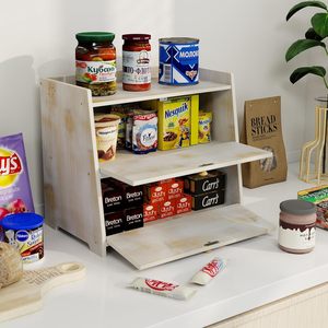 Caja de pan de bambú de doble capa, color blanco antiguo, contenedor de almacenamiento de escritorio para alimentos y artículos diversos - Product Image 3