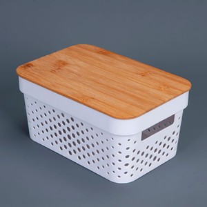 Storage <b>Baskets</b> Plastic <b>With</b> Bamboo <b>Lids</b> Rectangle Stackable For Neatening Storage 25.5x17.5x12.5 36x27x14 36x27x23 - Product Image 3