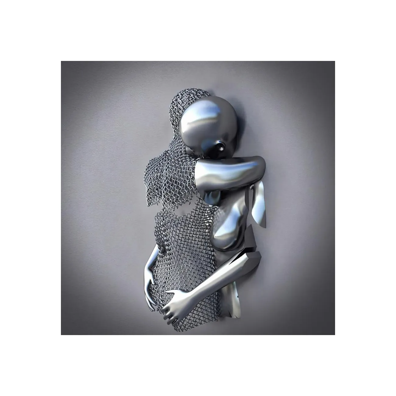 Modern human body wall 3D hug couple painting silver gold effect art love design metal figure statue geometric abstraction