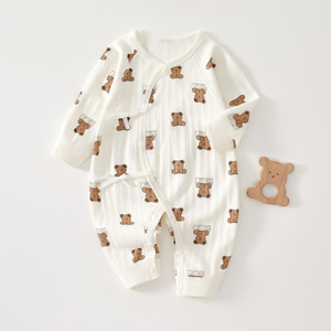 Combinaison bébé en coton pur à manches longues avec imprimé ours, unisexe, pour nourrissons, printemps, automne, hiver, couche de base, tricot sans couture - Product Image 1