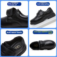 Chaussures Derby à cheville en cuir de vachette première couche style britannique pour garçons, en cuir noir; en cuir véritable, performance, campus, étiquette, velcro, tout-en-un
