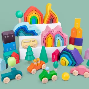 Children's Rainbow Building Blocks Four Elements Forest Coral Puzzle Children's Toys Colorful Stacked Stone Building Blocks