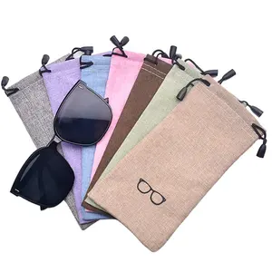 Promotional Hot Custom Printed Logo Natural Canvas Cloth Linen Drawstring Glasses Pocket Bag Cotton Soft Hemp Sunglasses Pouch