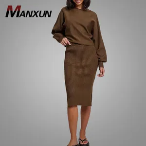 Ensemble deux pièces en maille côtelée épaisse et confortable, jupe fendue et haut pull, nouvelle collection automne <span class=keywords><strong>2022</strong></span>, disponible en ligne - Product Image 1