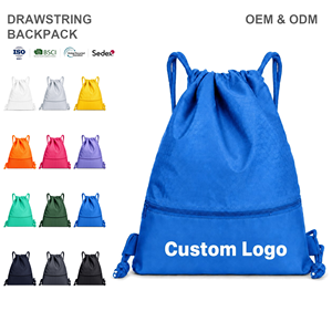 Mochila con cordón de poliéster lisa y sólida, bolsas con cordón al por mayor, logotipo personalizado, bolsillo frontal con cremallera, mochila de gimnasio, 12 colores - Product Image 1