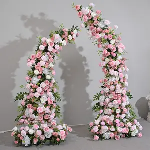 Bunga buatan latar belakang pernikahan, properti dekorasi pernikahan merah muda dengan bingkai bunga lengkungan pernikahan merah muda