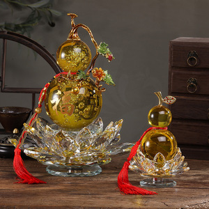 Crystal Gourd <b>Ornament</b> Glass Purple Yellow With Lotus Base Home Decoration Gift - Product Image 2