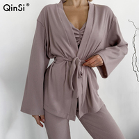 QINSI automne solide peignoirs de bain femmes luxe vêtements de détente mariée Robe Sexy élégant avec ceinture 3 pièces peignoir pour les femmes
