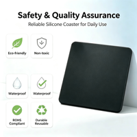 Sous-verres personnalisés de haute qualité, très demandés, 10*10*0.5CM, écologiques, antidérapants, en silicone noir, durables, non toxiques, imperméables, ROHS
