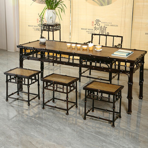 Antique Chinese Style Qiong <b>Bamboo</b> Tea Table Set With 4 <b>Stools</b> Wabi Sabi Design For Dining Room - Product Image 2