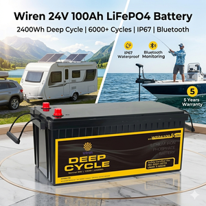 แบตเตอรี่ LiFePO4 24V 100Ah ยี่ห้อ Wiren -20~60 ℃   แบตเตอรี่สำรองพลังงานแสงอาทิตย์ 2.4 กิโลวัตต์ชั่วโมง สำหรับการใช้งานแบบออฟกริด รถบ้านเคลื่อนที่ เรือ และมอเตอร์ลากจูง - Product Image 1