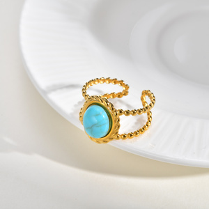 Bague en acier inoxydable 316L plaqué or 18 carats avec turquoise pour femme, bracelet perlé en corde, pierres bleues et rouges, ajustable, étanche, bijoux bohèmes - Product Image 6