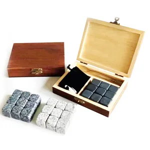 Wooden Box 9pcs Chilling Stone Glass And Wood Stainless Steel Whiskey Ice Cube Cooling Stone Gift Set in stock