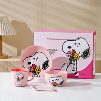 Service de table en céramique Snoopy pour une personne, motif dessin animé Peanuts, comprenant assiette, bol, tasse et cuillère, 4 pièces, pour usage domestique quotidien, cadeau