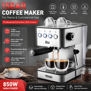 Machine à café expresso en acier inoxydable, 15 bars, avec buse vapeur, réservoir d'eau de 1,8 L, 850 W, pour usage domestique et commercial, cappuccino, latte - Product Image 2